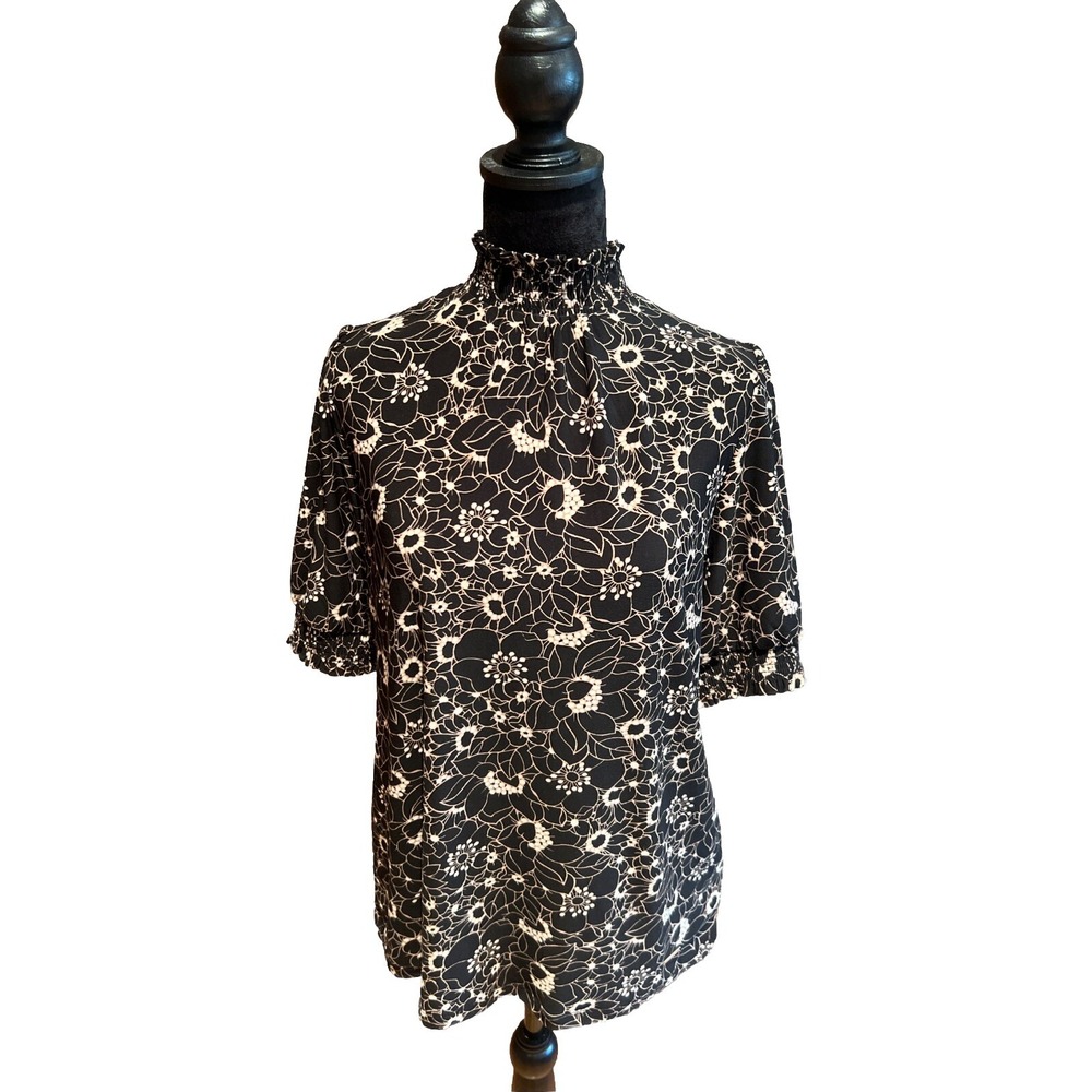 Anne Klein Floral Top Blue Mock Neck Short Sleeve Blouse Medium